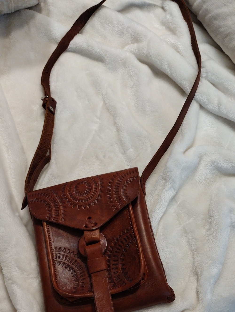 Hand-Tooled Brown Leather Crossbody Bag